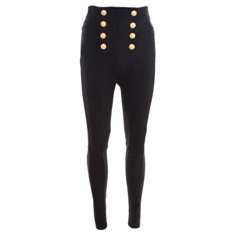 Balmain Black Knit Logo Button Detail High Waist Trousers M