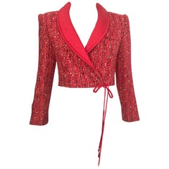 Valentino 1980s Red Nubby Confetti Wool Cropped Jacket Size 6. 