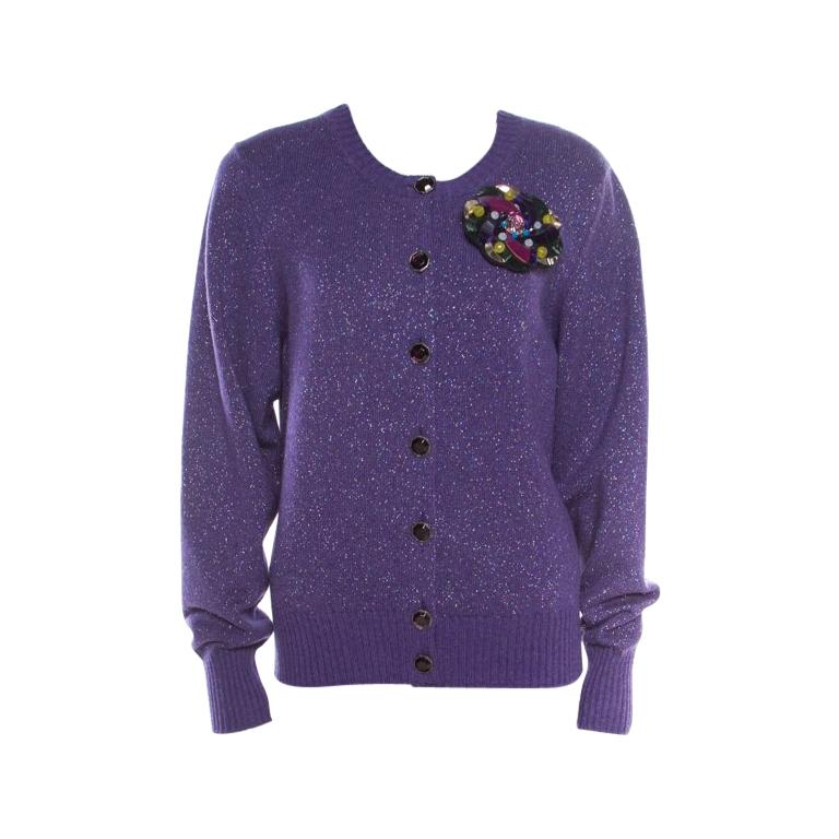 Chanel Purple Lurex Knit Cashmere Embellished Button Cardigan L