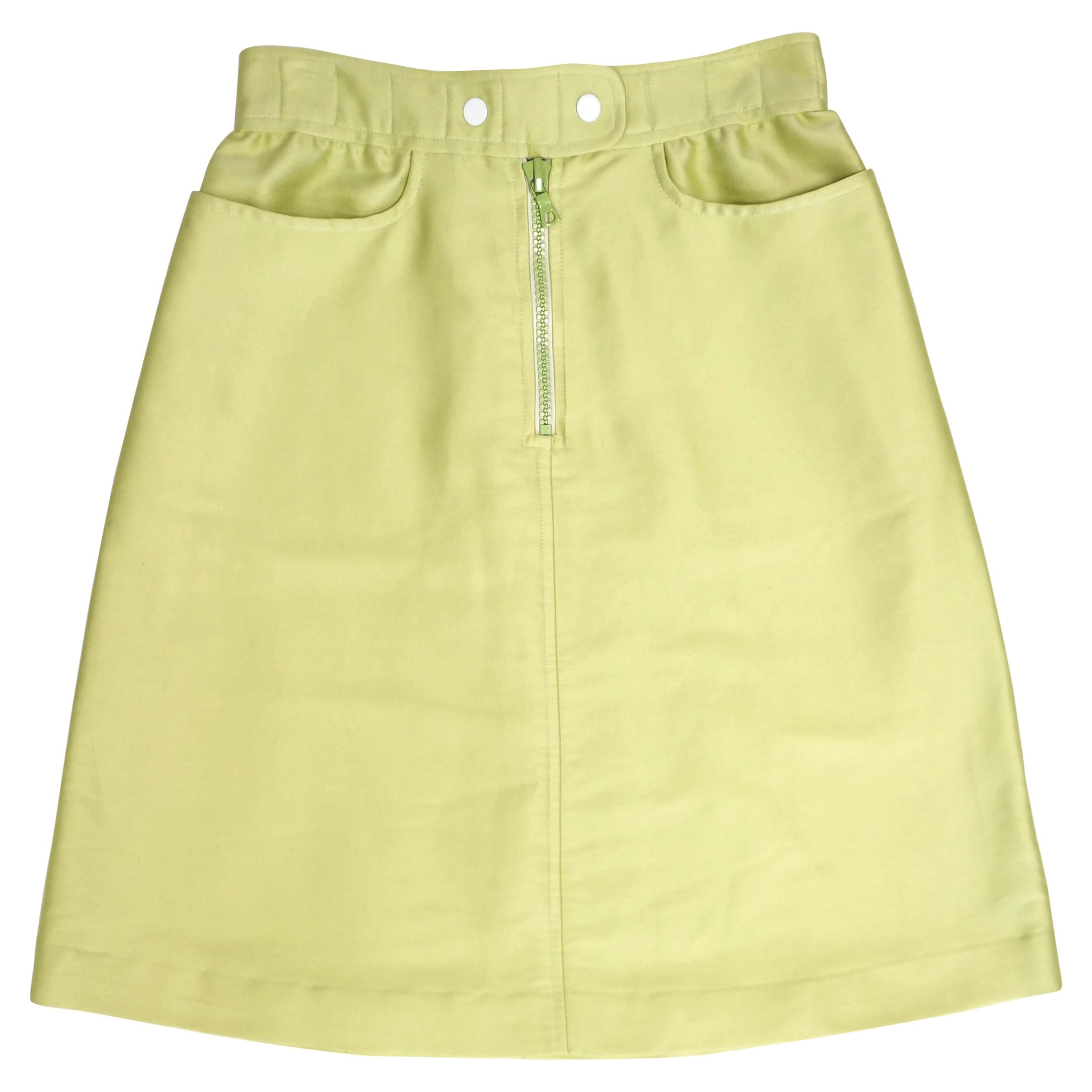 1990s Courreges Green Mod Mini Skirt with White Accent Zipper