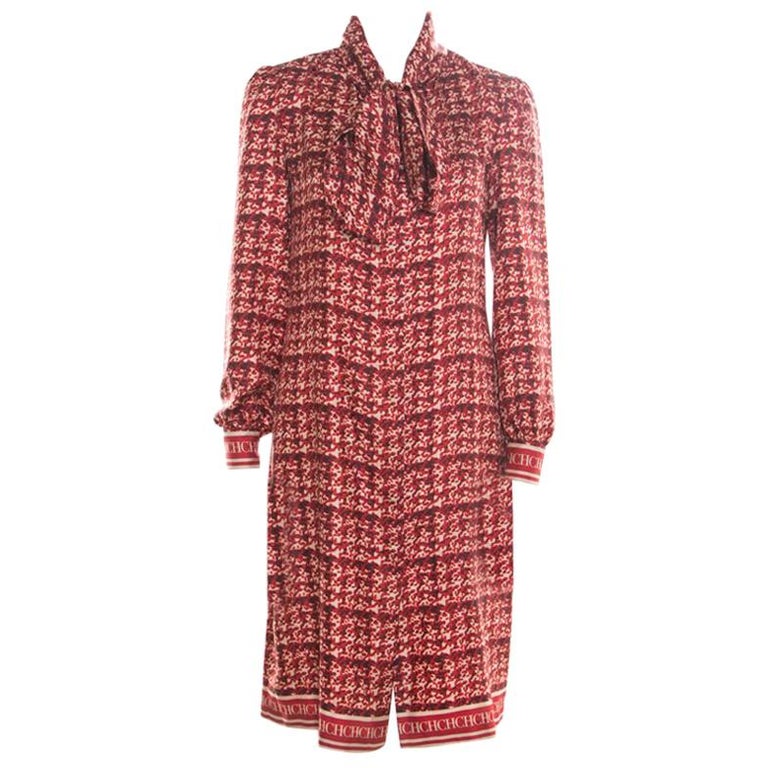 CH Carolina Herrera Red Abstract Printed Silk Button Front Tunic Dress ...