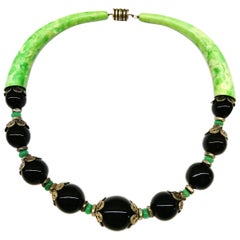 Vintage Art Deco Galalith and black and green glass necklace, France, 1930s