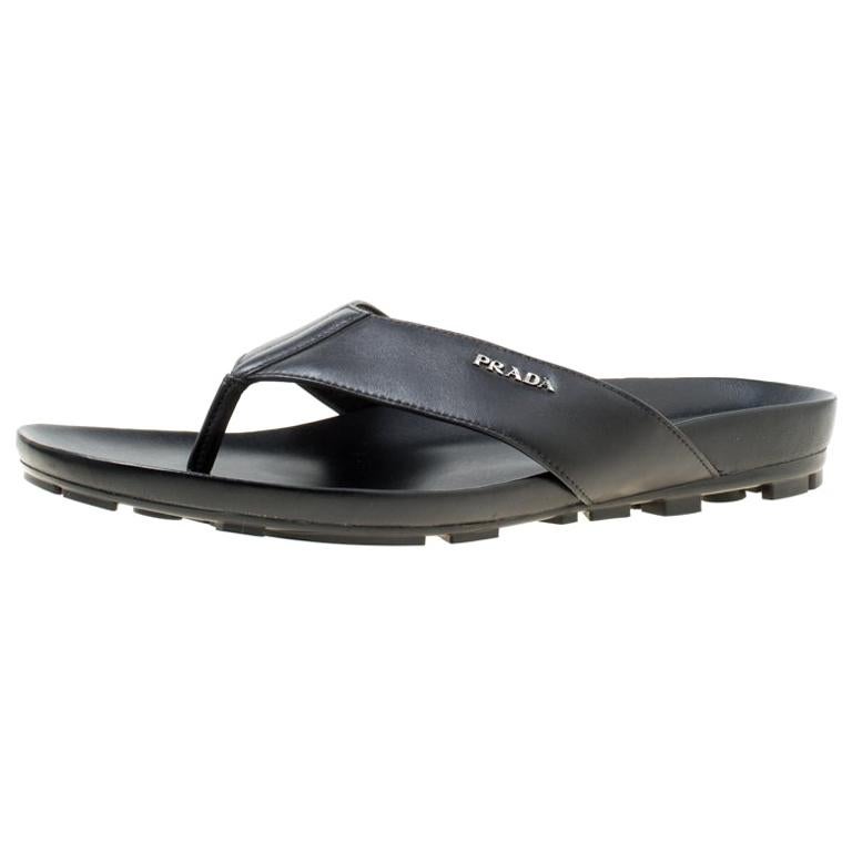 Prada Sport Black Leather Thong Sandals Size 45 For Sale at 1stDibs
