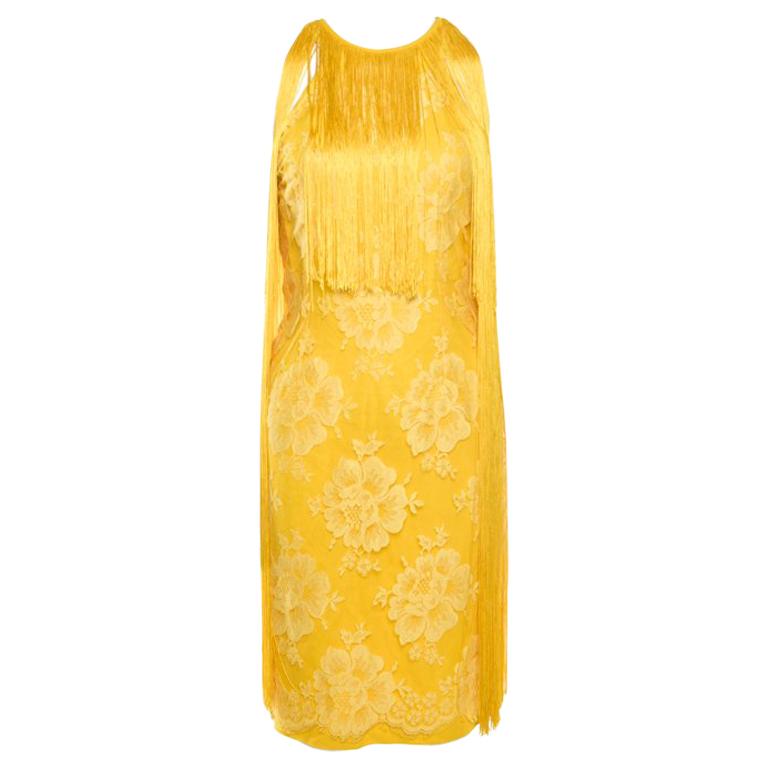 Stella McCartney Canary Yellow Floral Lace Overlay Fringed Halter Dress S