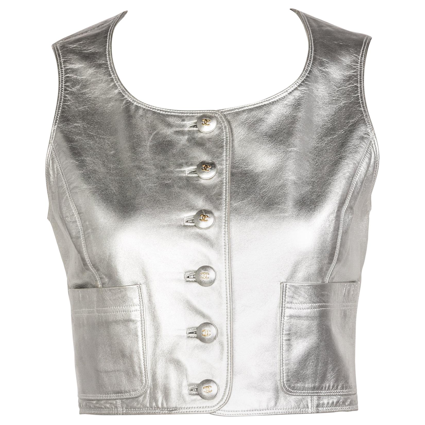 Chanel Silver Leather Cropped Vest, 1990s at 1stDibs  chanel vest, silver  leather vest, silver cropped vest
