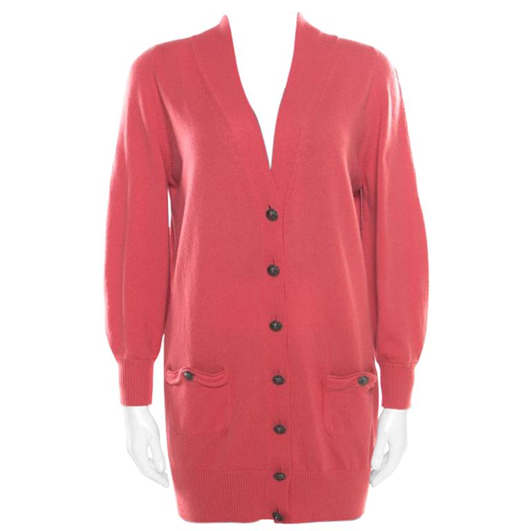 Chanel Hot Coral Cashmere Button Front Cardigan M For Sale at 1stDibs