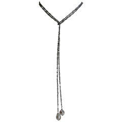Oxidized Silver Cubic Zirconia Chain Cultured Baroque Pearl Lariat Necklace