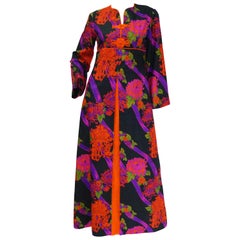 Vintage 1960s Thai Silk Black, Purple, and Red Chrysanthemum Floral Maxi Dress