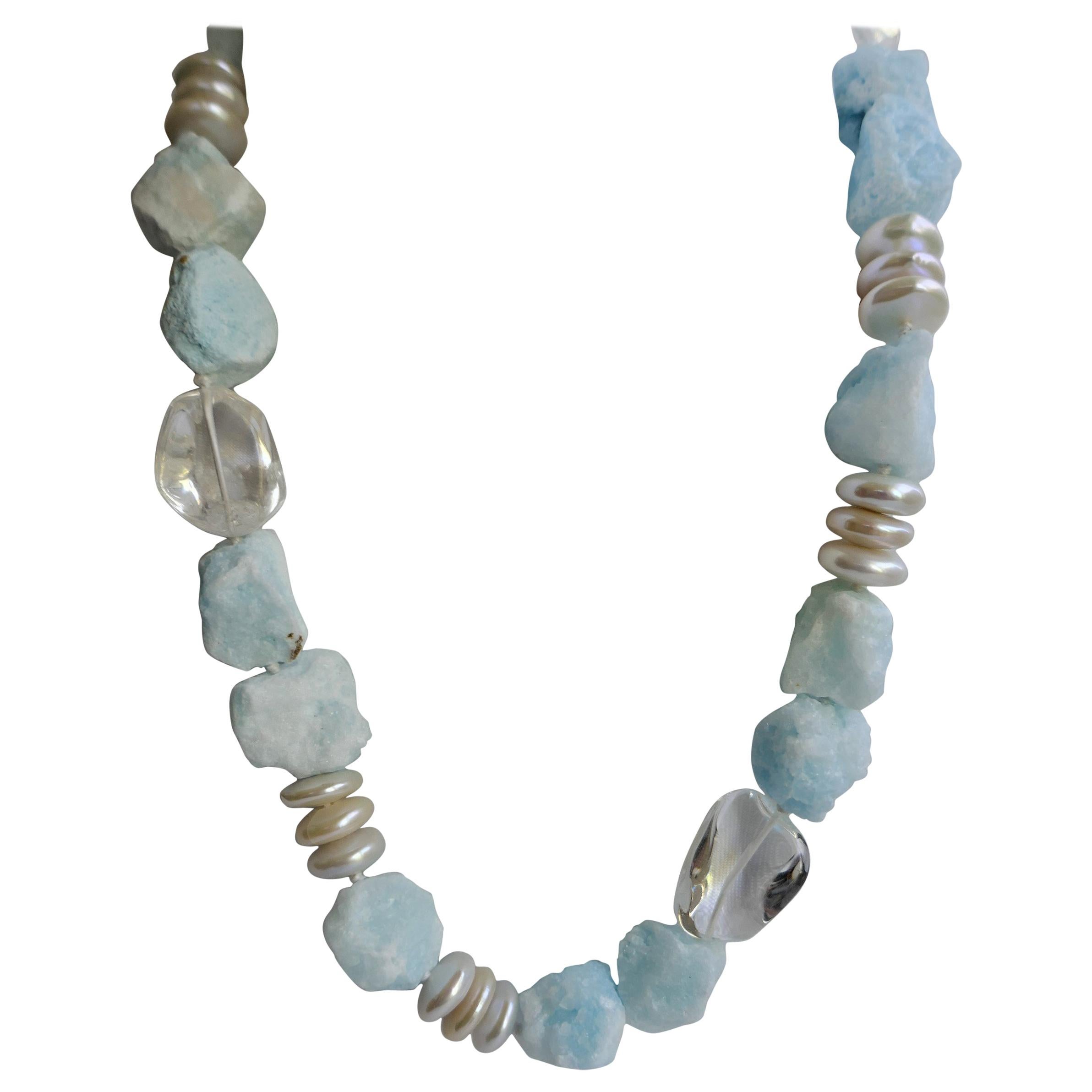 Blue Aragonite White Cultured Pearl Rock Crystal Nuggets 925 Silver Necklace For Sale
