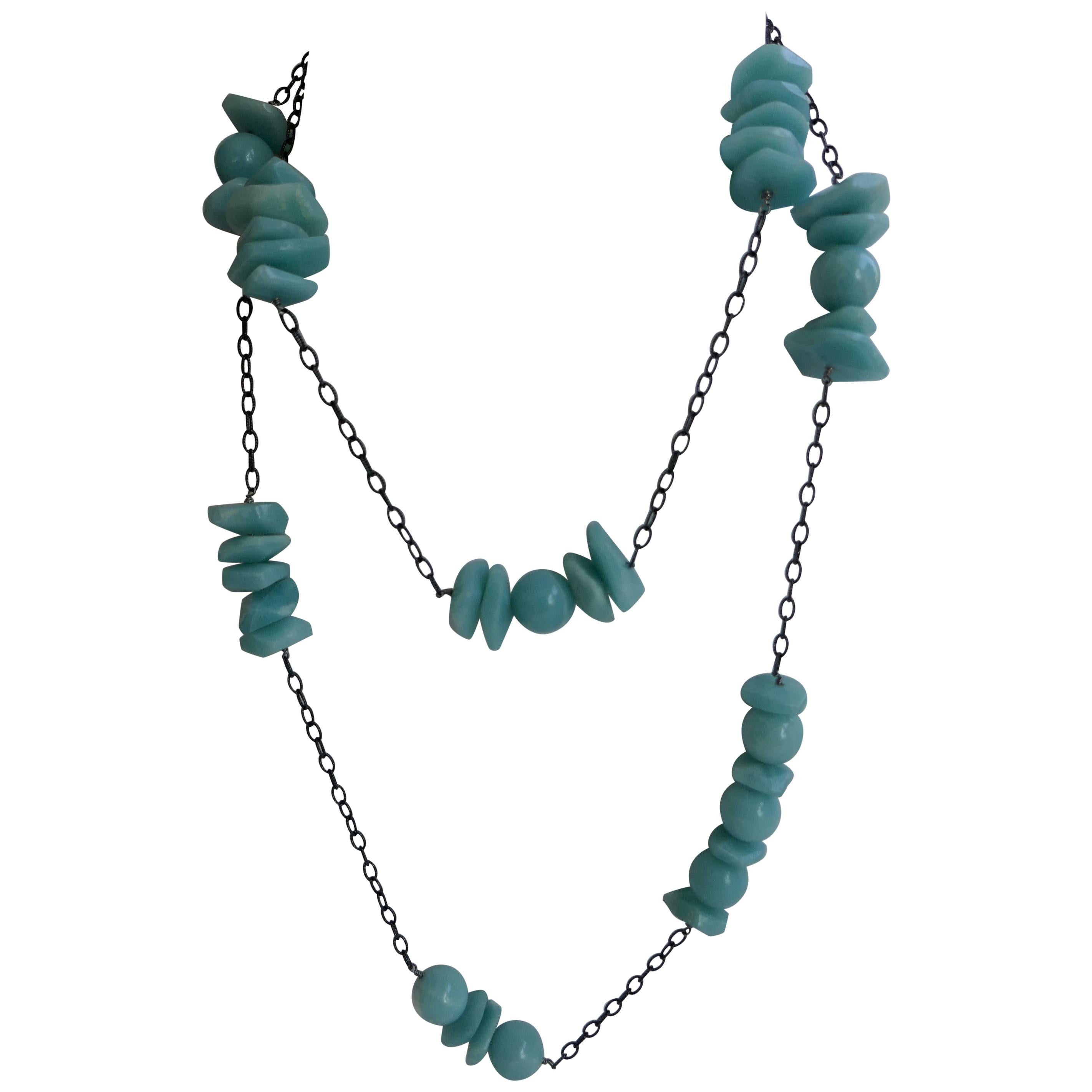 Rhodium Oxidized Silver Chain Amazonite Long Gemstone Necklace For Sale