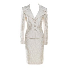 Escada Cream Floral Jacquard Embellished Buckle Detail Skirt Suit L