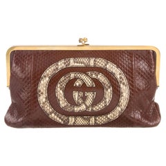 Gucci NEW Brown Nude Snakeskin GG Logo Gold KissLock Evening Clutch Bag