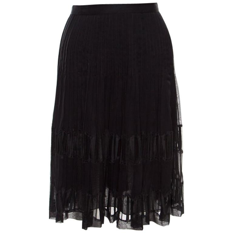 Oscar de la Renta Black Pleated Silk Lace Insert Skirt L