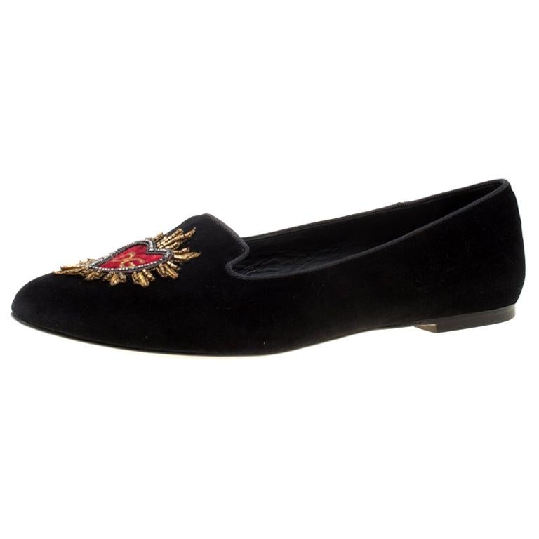 Dolce and Gabbana Black Embroidered Velvet Smoking Slippers Size 39.5 ...