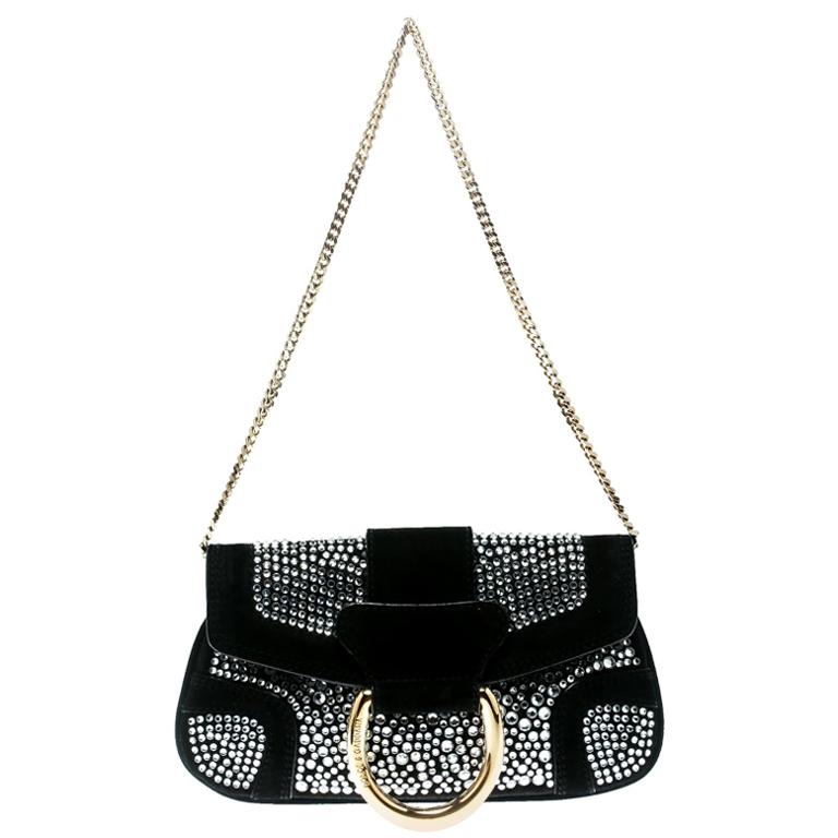 Dolce and Gabbana Black Suede Crystal Studded Chain Pochette at 1stDibs