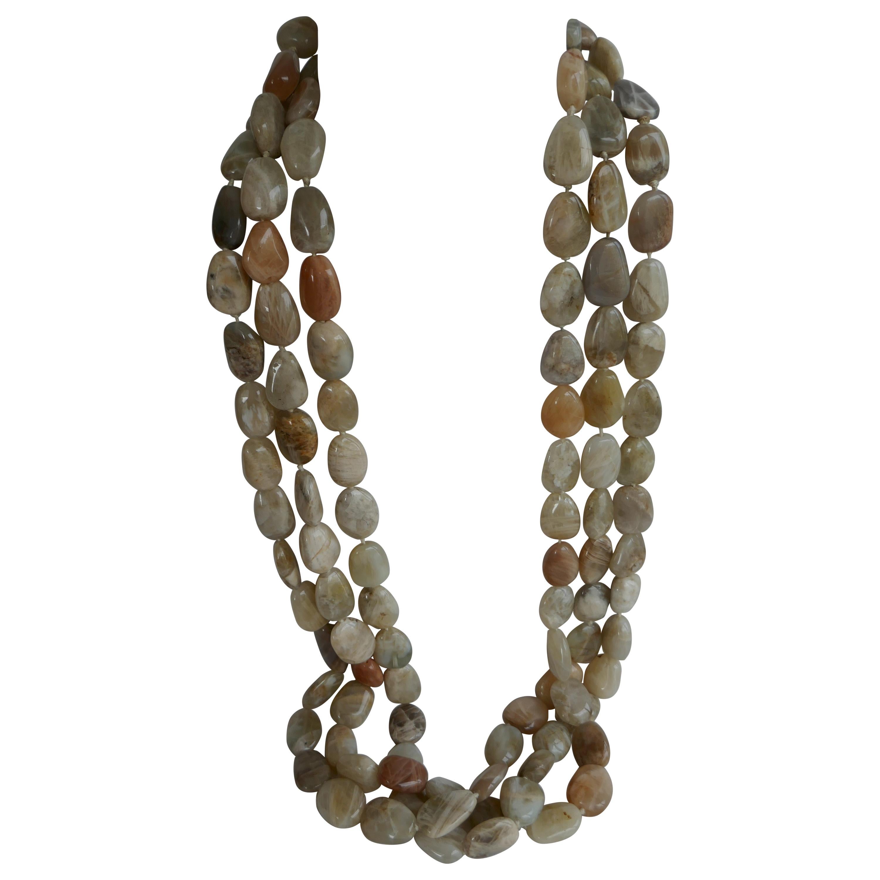 Three Strand Moonstone Nugget 925 Sterling Silver Gemstone Long Necklace For Sale