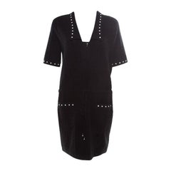 Chanel Black Textured Knit Faux Pearl Studded Short Sleeve Dress M