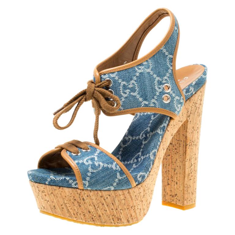 Gucci Blue Monogram Denim Cork Platform 