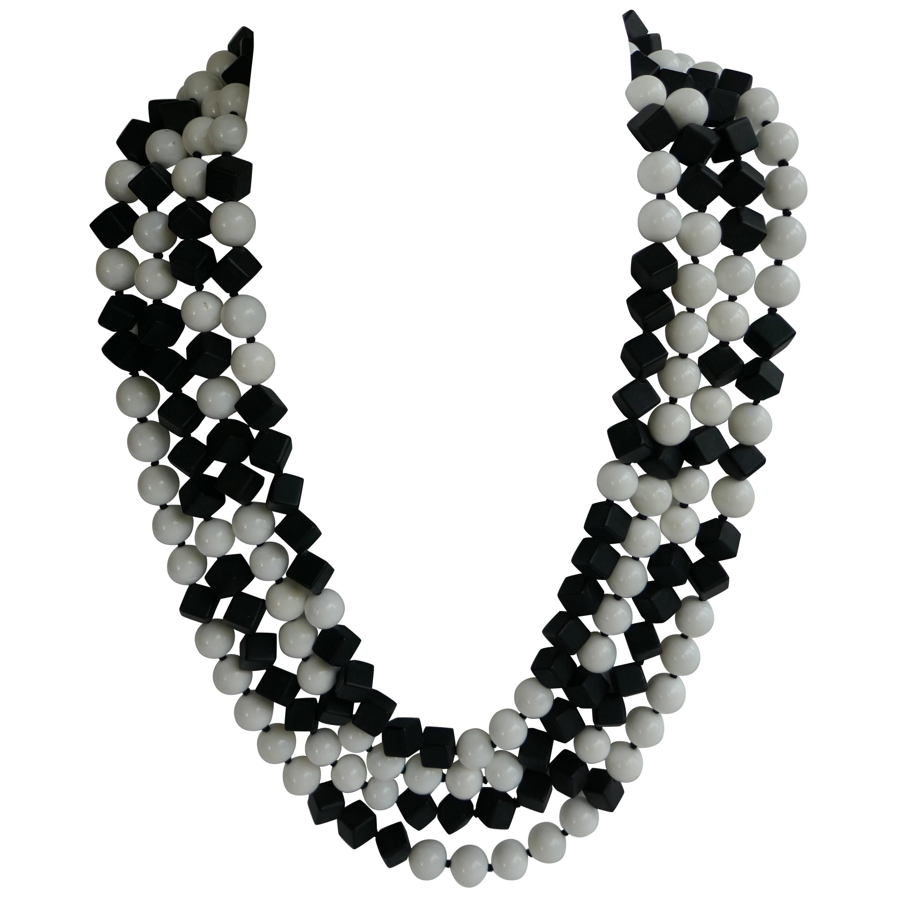 Matted Onyx White Shell Beads 925 Sterling Silver Long Necklace For Sale