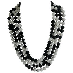 Matted Onyx White Shell Beads 925 Sterling Silver Long Necklace