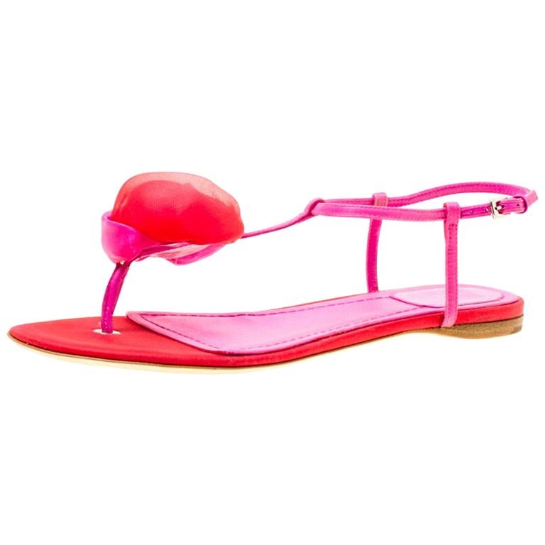 Dior Pink Satin Garden Silk Rose Flat T Strap Thong Sandals Size 37.5 ...