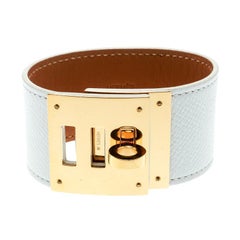Hermes Kelly Dog White Leather Gold Plated Wide Bracelet