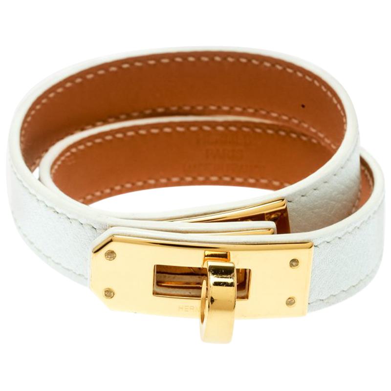 Hermes Kelly Double Tour White Leather Gold Plated Wrap Bracelet