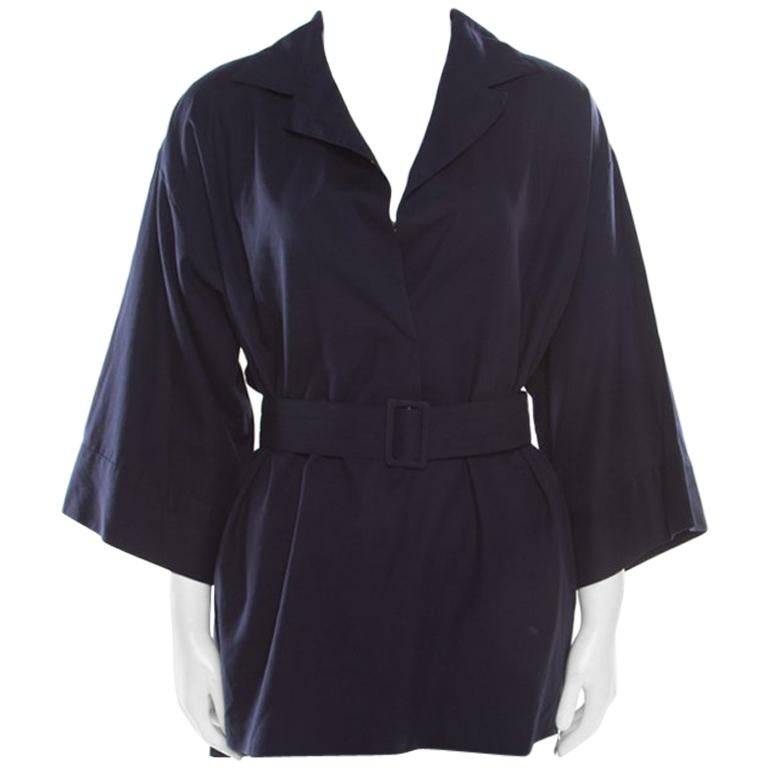 The Row Navy Blue Cotton Poplin Belted Hona Plunge Neck Blouse M