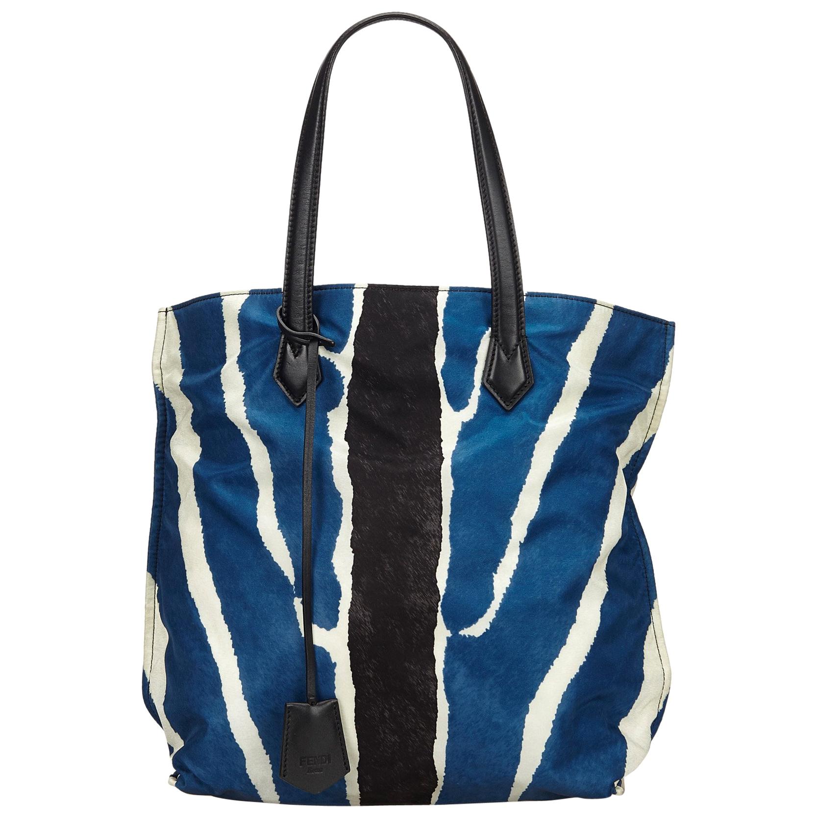 Fendi Blue  with Black Nylon Fabric Zebra Print Tote Bag Italy w/ Dust Bag