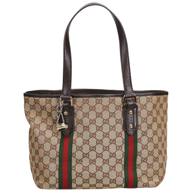 Gucci Brown Beige Jacquard Fabric GG Jolicoeur Tote Bag Italy w/ Dust