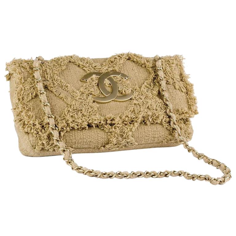 Chanel Small Sized Beige Tweed Fringe Organic Crochet Crossbody Flap Bag