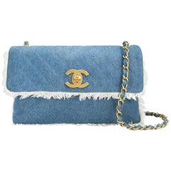 Chanel Classic Flap Vintage Fringe Quilted Jumbo Maxi Jean Blue Denim Bag