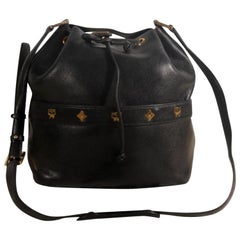 MCM Studded Drawstring Bucket Hobo 869452 Black Leather Shoulder Bag