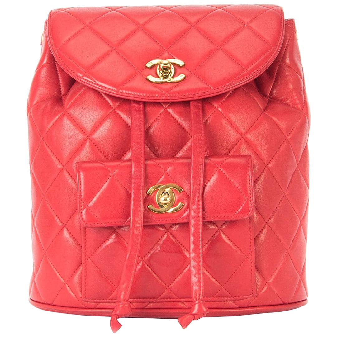 Chanel Backpack Ultra Rare Duma Vintage Red Lambskin Leather Rucksack Backpack