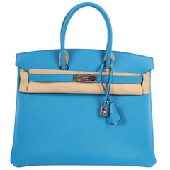 Hermes Birkin Bag Epsom 35 Bleu Zanzibar Palladium Hardware - blue