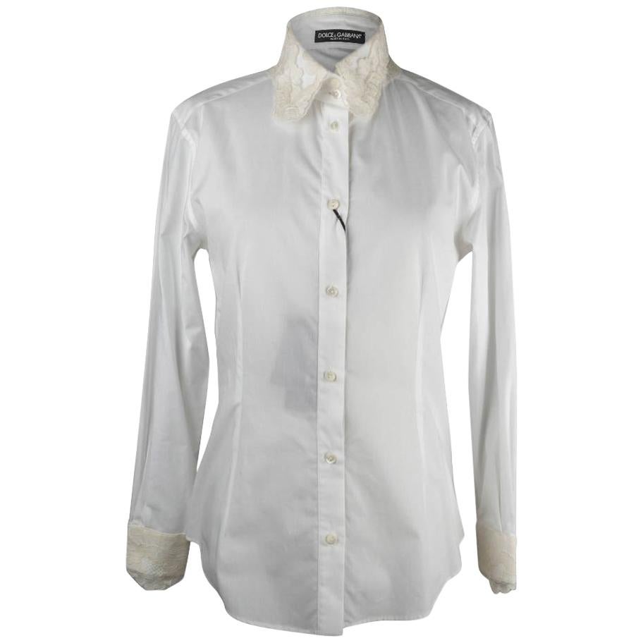 Dolce & Gabbana Top White Stretch Shirt Ecru Lace Details Nwt 46 Fits 10 NWT For Sale