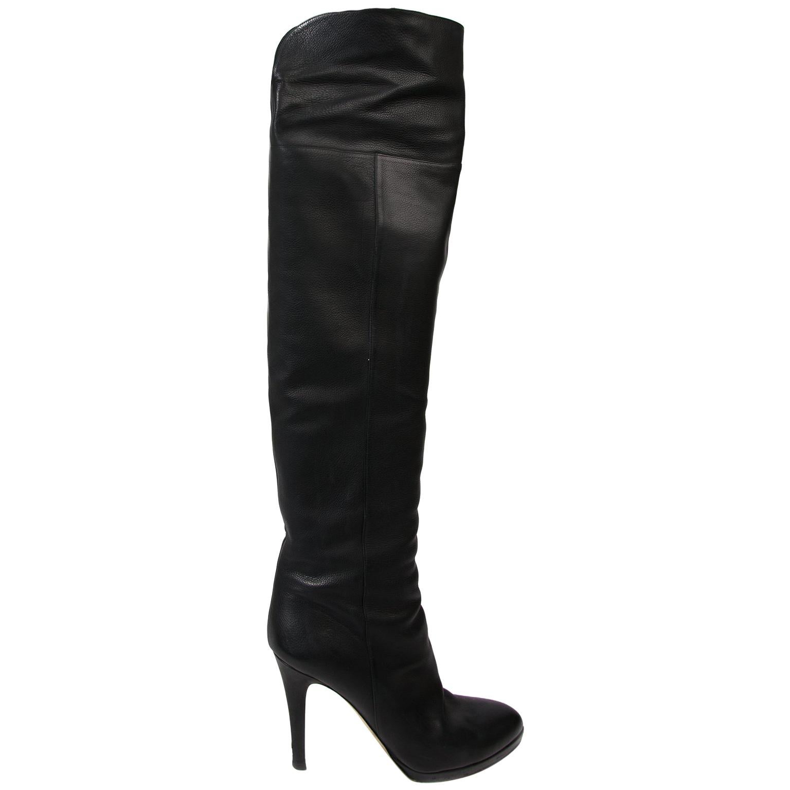 Jimmy Choo Black Leather Lambskin Over The Knee Boots - size 37, 5 For Sale