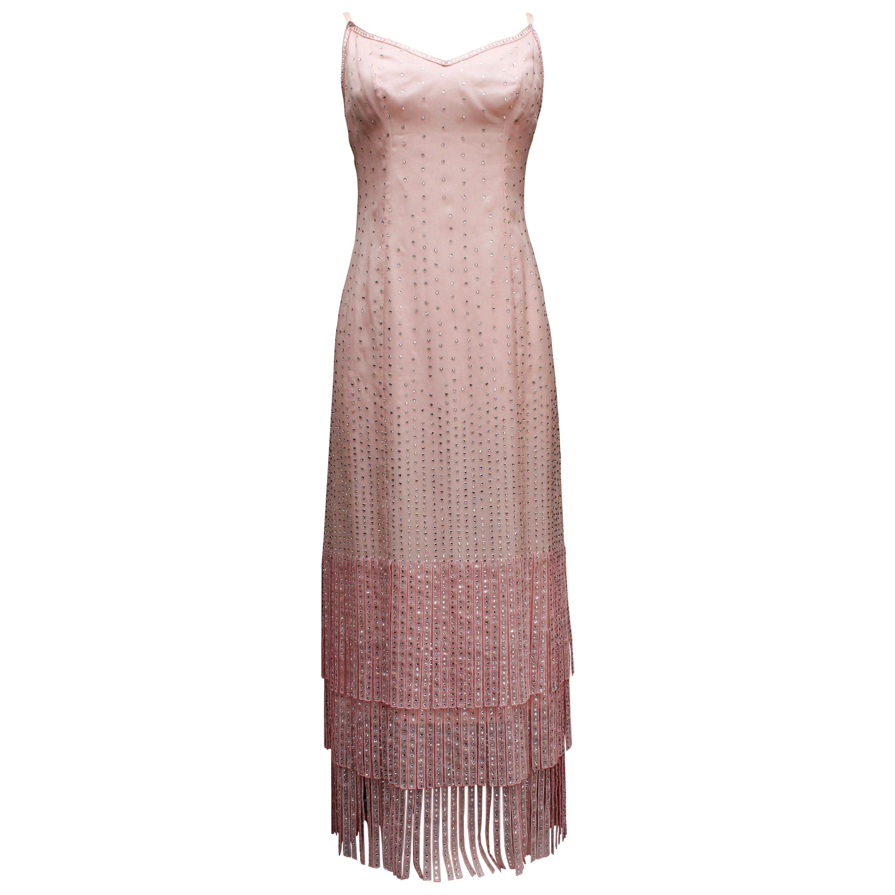 Pierre Balmain Haute Couture beautiful pink evening gown with fringes For Sale