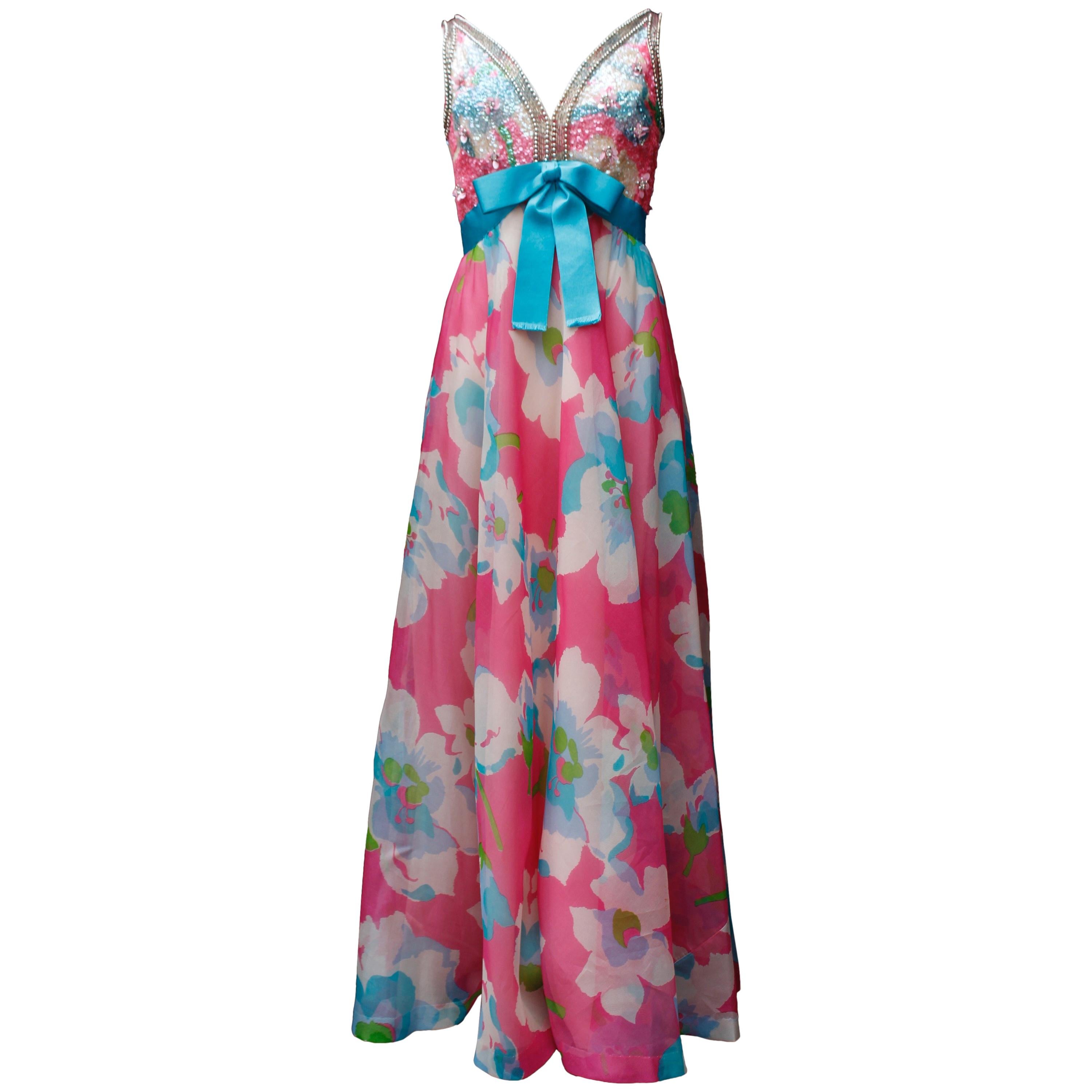 Jean Patou lovely long taffeta summer dress with floral pattern For Sale