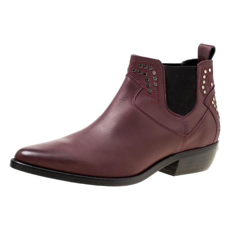 Zadig and Voltaire Burgundy Leather Thylana Studded Ankle Boots Size 41