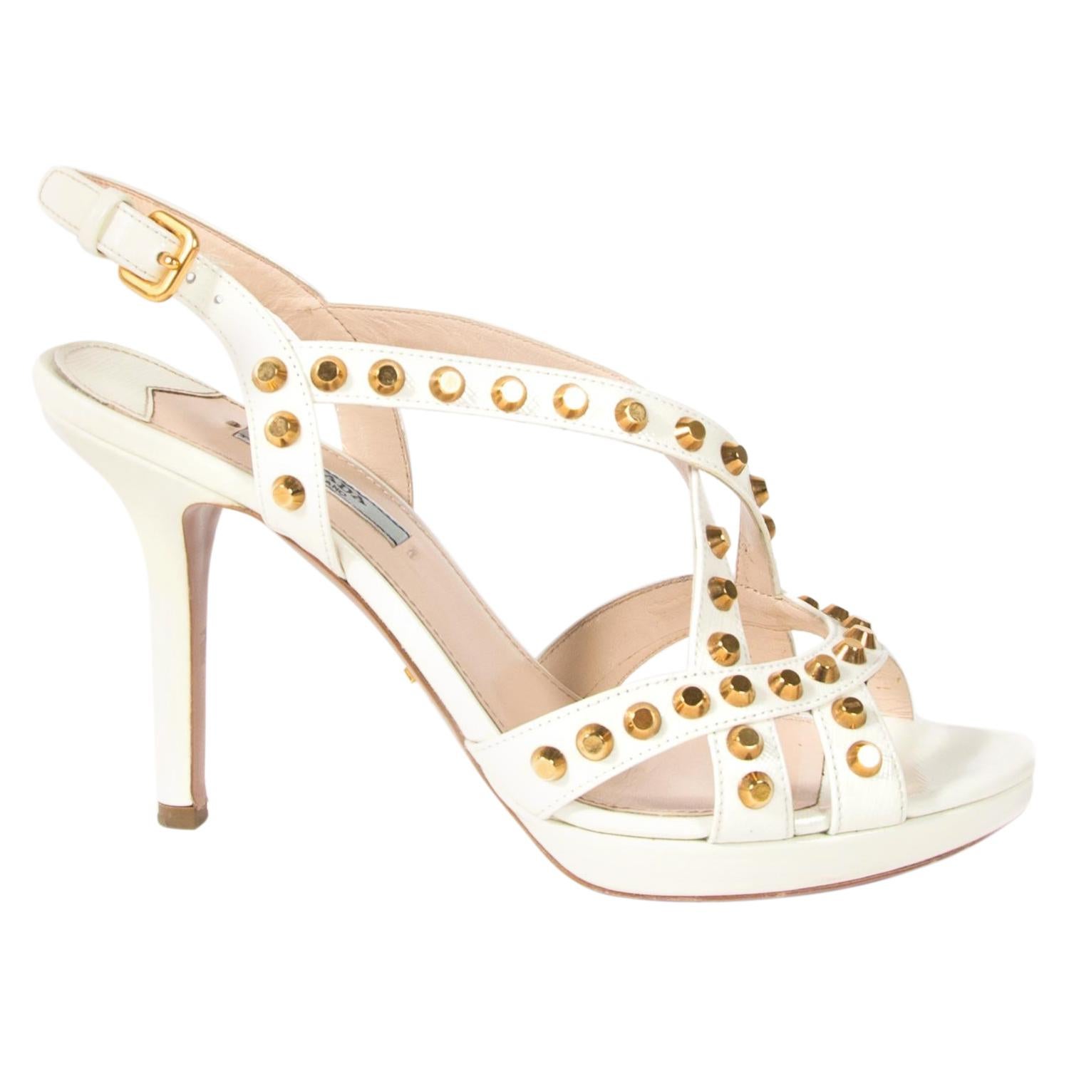 Prada White Studded Saffiano Platform Sandals - Size 38, 5 For Sale