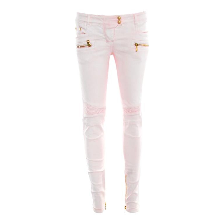 Balmain Pink Coated Ribbed Panel Zip Detail Skinny Biker Jeans S