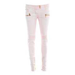 Balmain Pink Coated Ribbed Panel Zip Detail Skinny Biker Jeans S