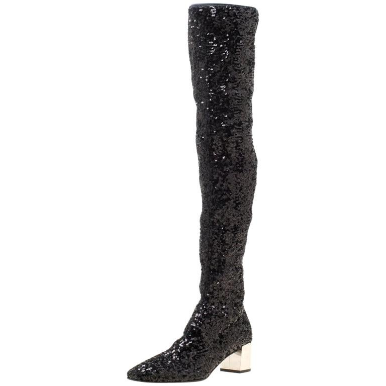 Roger Vivier Black Sequins Polly Over The Knee Mirror Block Heel Boots Size 36
