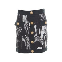 Balmain Monochrome Marble Printed Logo Button Detail Mini Skirt S