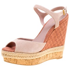 Gucci Pale Pink Suede Hollie Espadrille Wedge Sandals Size 38.5