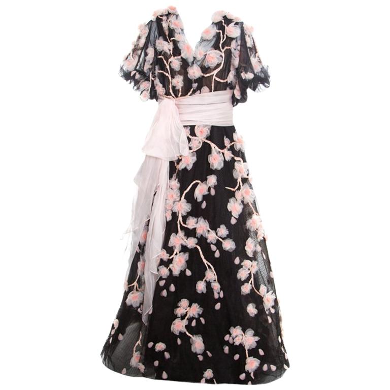 Marchesa Black Floral Applique Embroidered Tulle Cherry Blossom Ball Gown L