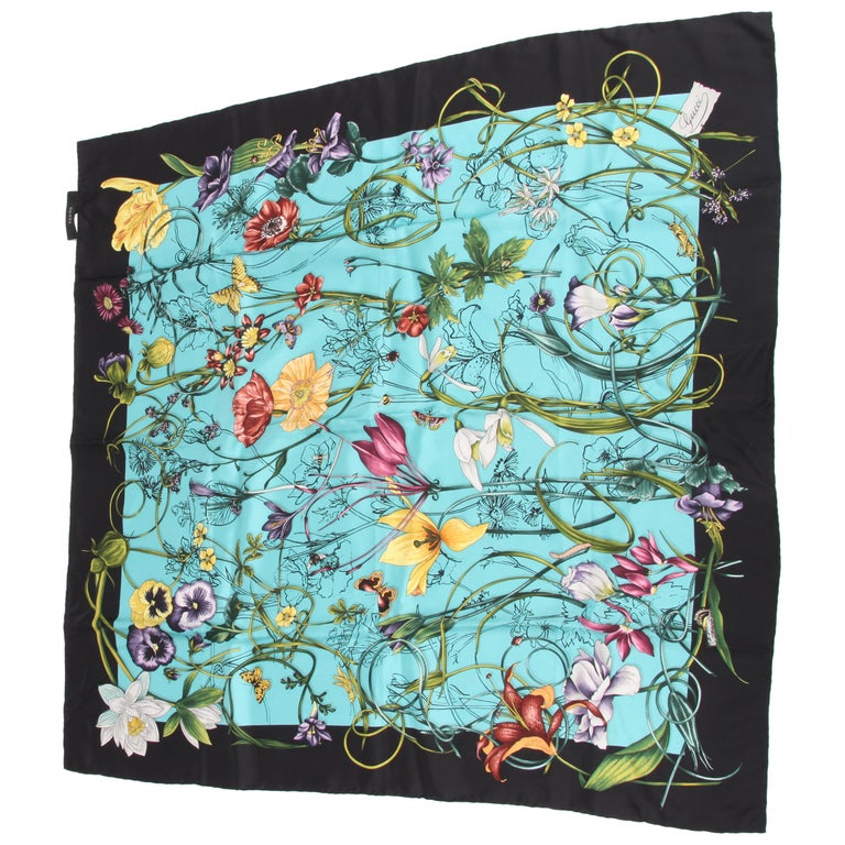 Gucci Silk Scarf Flower Print - black/turquoise/pink/yellow/purple at ...