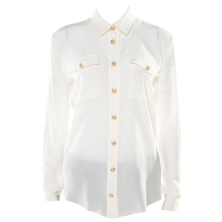 Balmain Cream Silk Gold Tone Button Detail Long Sleeve Shirt M at 1stDibs
