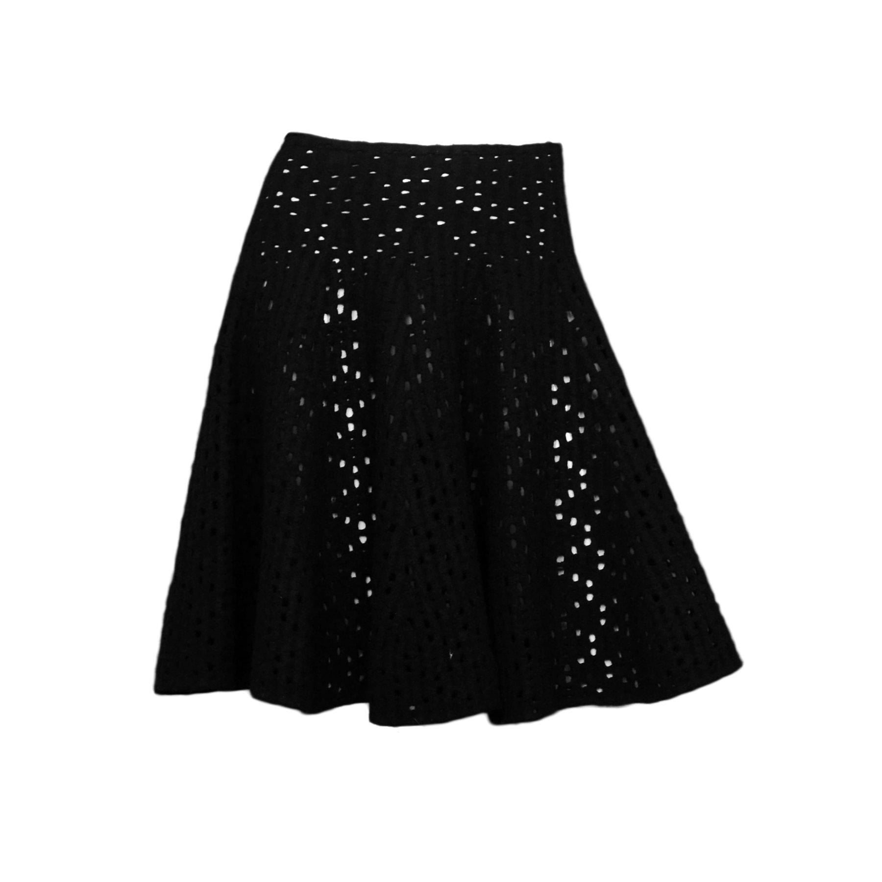 Alaia Black Wool Eyelet Flare Skirt Sz IT 42 For Sale
